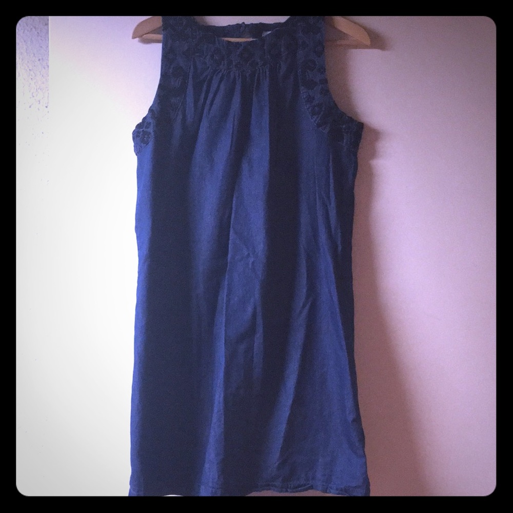 Chambray maternity dress with black embroidery